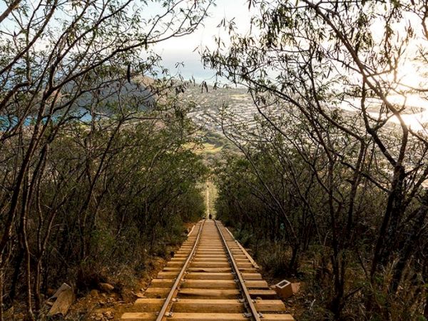 A set of old railway tracks runs through a dense forest, leading down a hill with a view of a town in the distance under a bright, cloudy sky.