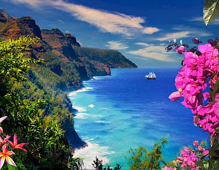 A picturesque coastal scene with vibrant flowers, lush cliffs, and clear blue waters; a distant sailboat is visible under a partly cloudy sky.