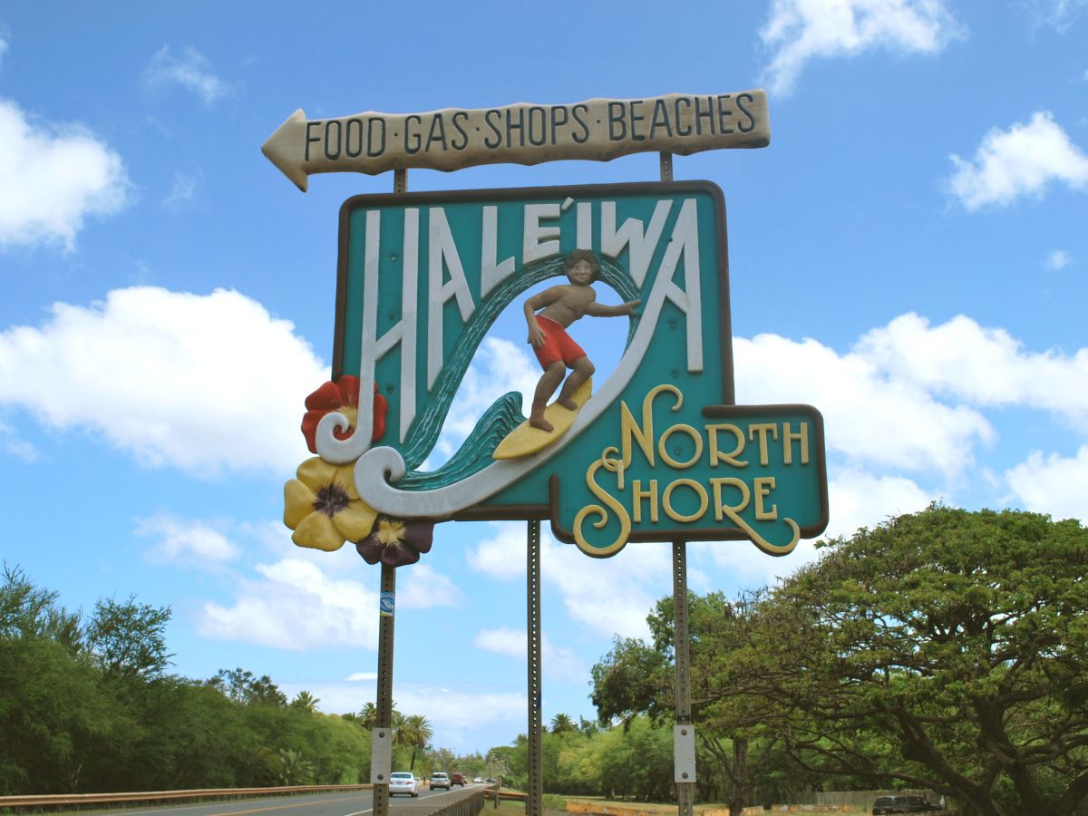 A colorful sign for Haleiwa North Shore, with a surfer, pointing to food, gas, shops, and beaches on a blue sky backdrop. End with a period.