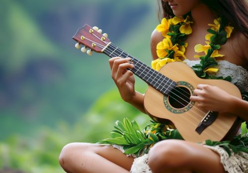 A person playing a small guitar (ukulele) outdoors, wearing a lei, with nature in the background. Top it at 140 characters, always ending the sentence.