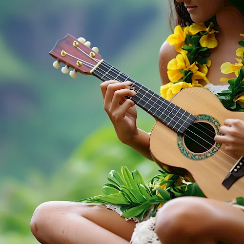 A person playing a small guitar (ukulele) outdoors, wearing a lei, with nature in the background. Top it at 140 characters, always ending the sentence.