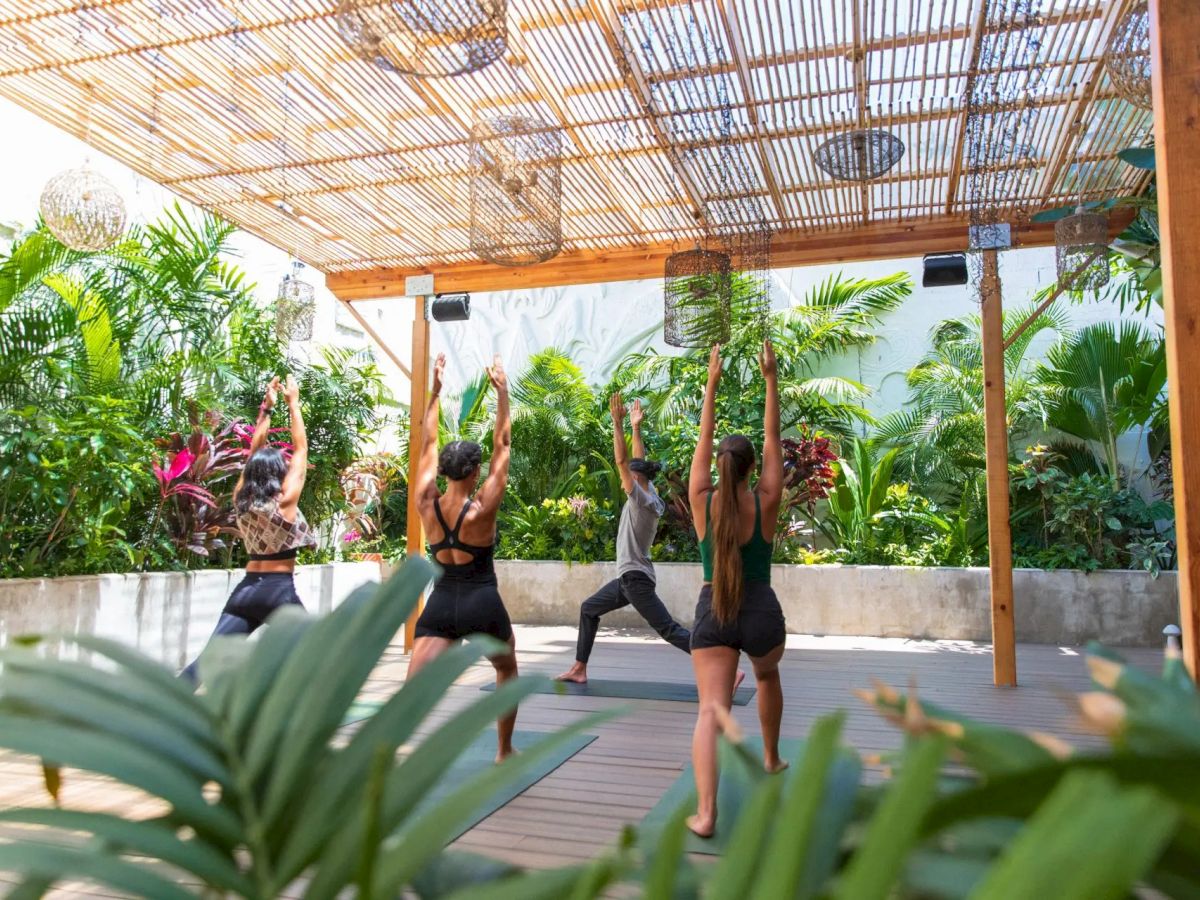 People are doing yoga outdoors under a slatted roof with lush plants around, creating a peaceful atmosphere.