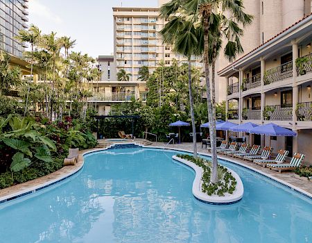 The image shows a curved outdoor pool surrounded by lounge chairs with umbrellas, tropical plants, and nearby buildings.