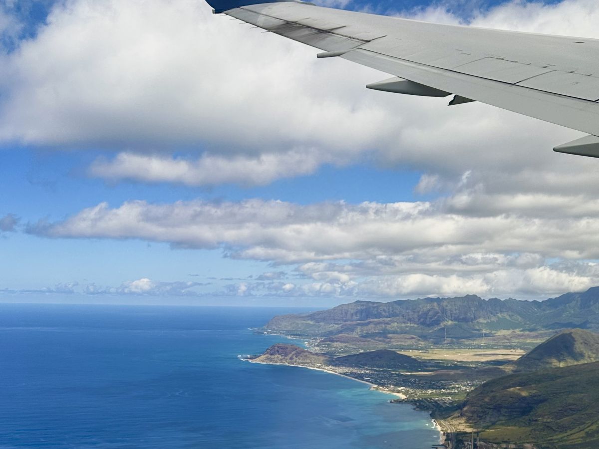 Aerial view from an airplane over a turquoise coastline, with waves, cliffs, green hills, and a small marina below as the wing tips in the frame.