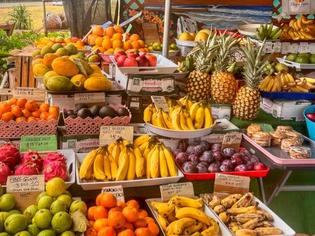A colorful outdoor fruit stand with ripe bananas, mangos, oranges, apples, grapes, pineapples, and other fresh produce on wooden crates under a canopy.
