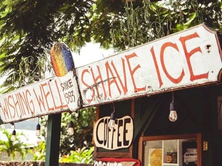 The image shows a sign for "Wishing Well Shave Ice" and "Coffee" on a wooden shack under leafy trees, established since 1983.