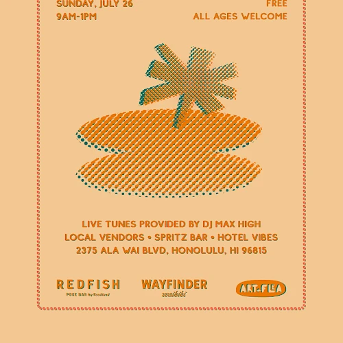 A sunny poster for a Sunday Market & Brunch at Wayfinder Waikiki, featuring a palm illustration, date, time, and local vendors in warm orange tones.