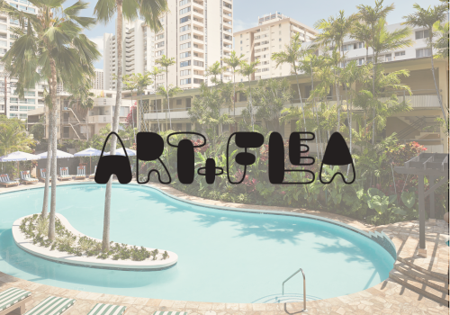 A resort pool area with curved blue water, palm trees, and tall buildings in the background, covered by a large &ldquo;ART.FEA&rdquo; watermark.