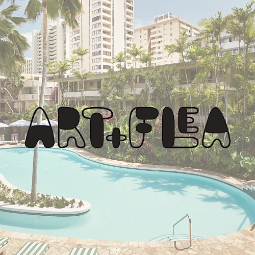 A resort pool area with curved blue water, palm trees, and tall buildings in the background, covered by a large &ldquo;ART.FEA&rdquo; watermark.