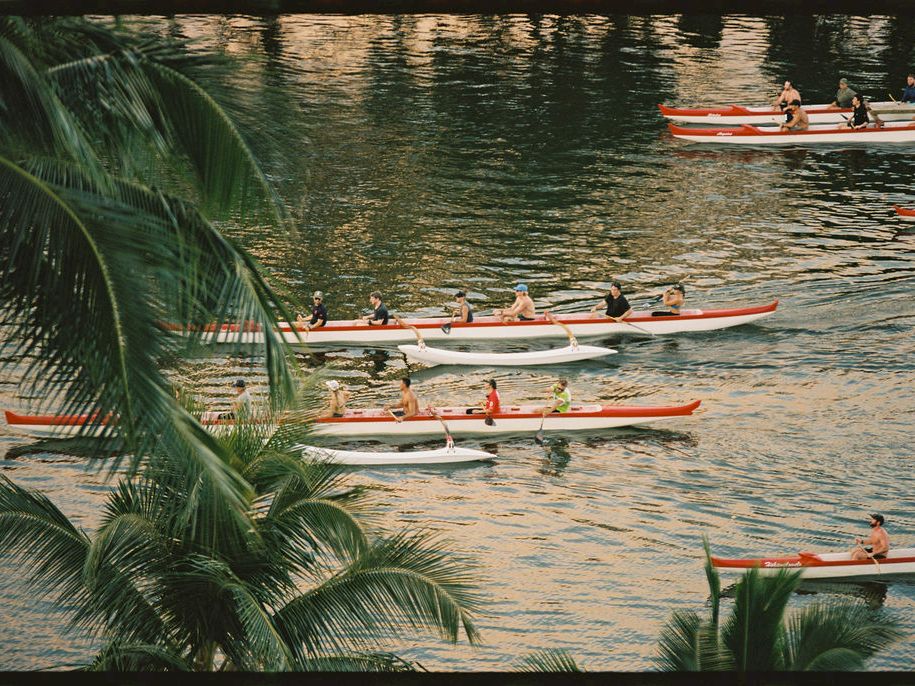 Dozens of people ride long white-and-orange boats on a calm river, surrounded by palm trees along the banks.